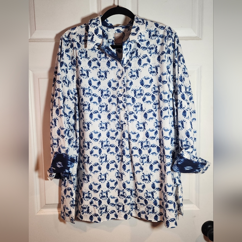 NWT Chico's Easy Cotton Blue White Tie Dye Shells Button Detail Shirt Size 18